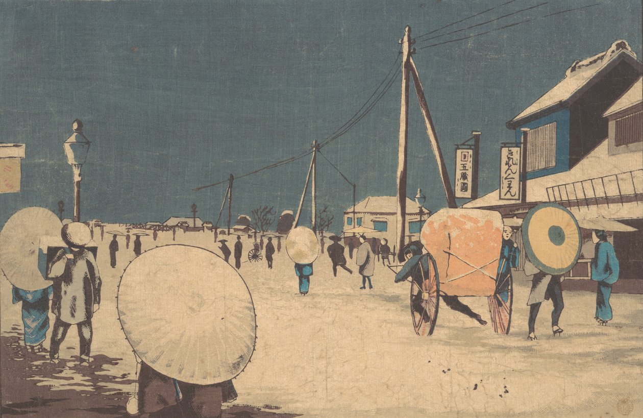 Katukohtaus Edon laitamilla talvi-iltana, n. 1878. tekijältä Kobayashi Kiyochika