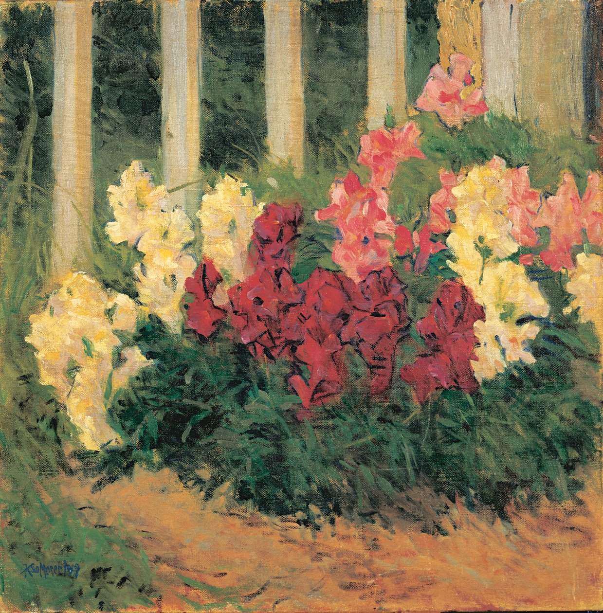 Blumenstrauch vor Gartenzaun - Kukkia puutarha-aidan edessä ... (öljy kankaalle) tekijältä Koloman Moser