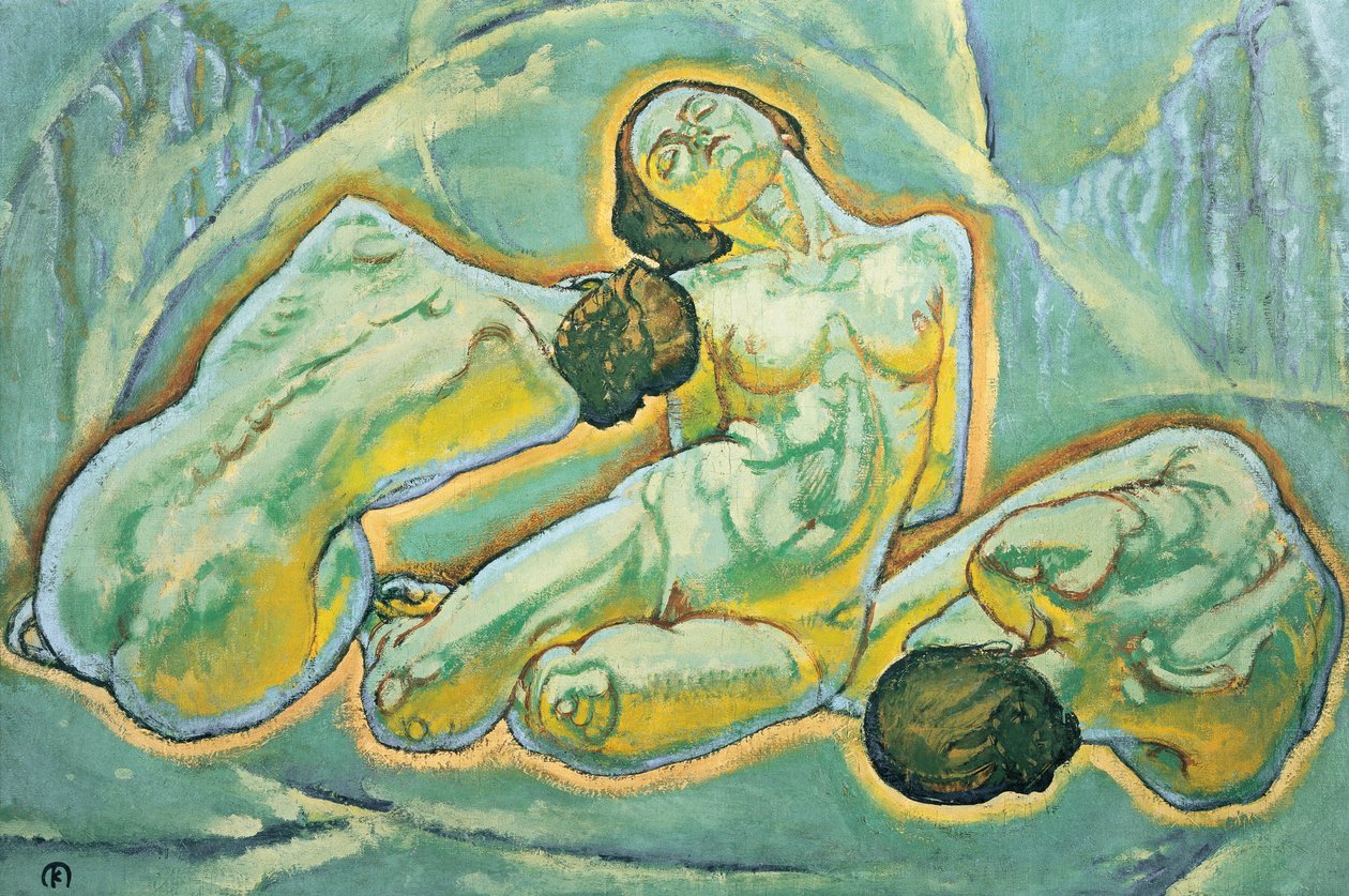 Drei kauernde Frauen - Kolme kyyristelevää naista ... (maalaus kankaalle) tekijältä Koloman Moser
