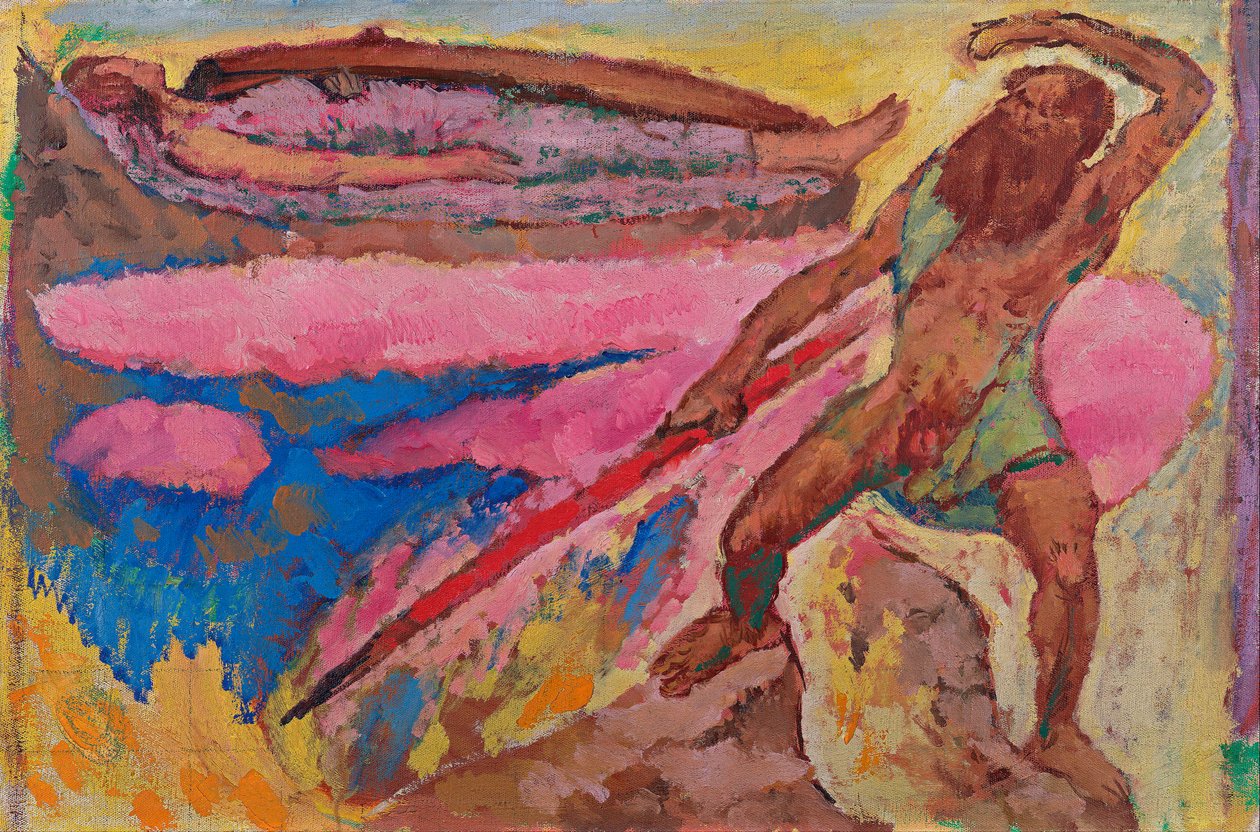 Jumala Odin (Wotan) ja Brunnhilde - Koloman Moserin (1868-1918) maalaus, noin 1916, öljy kankaalle - Wotan ja Brunnhilde - Öljy kankaalle Koloman Moser (1868-1918), n. 1916 - 50,5x7. - Leopold-museo, Wien tekijältä Koloman Moser