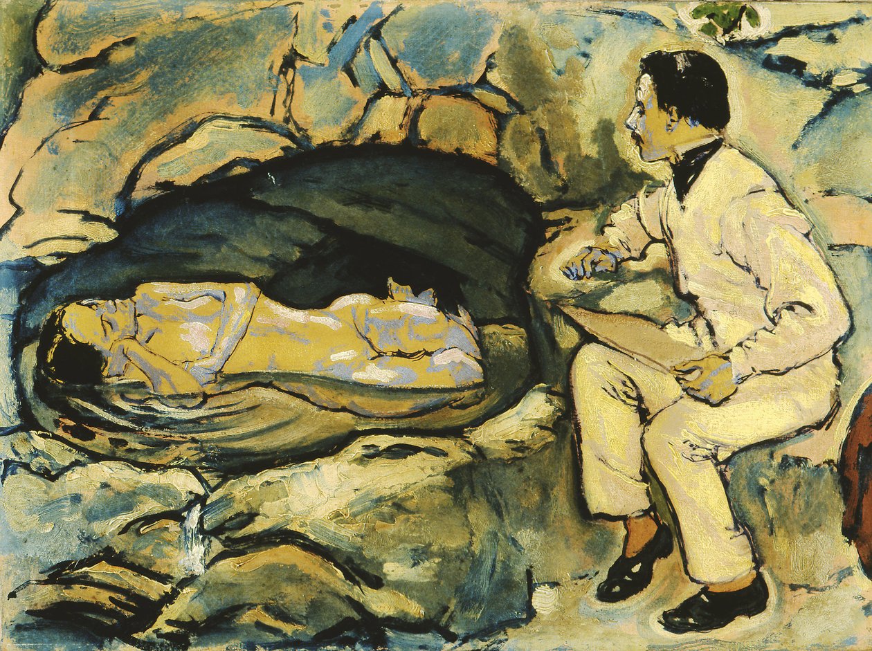 Omakuva, piirustus merenneidon kanssa kallioluolassa, 1914. tekijältä Koloman Moser