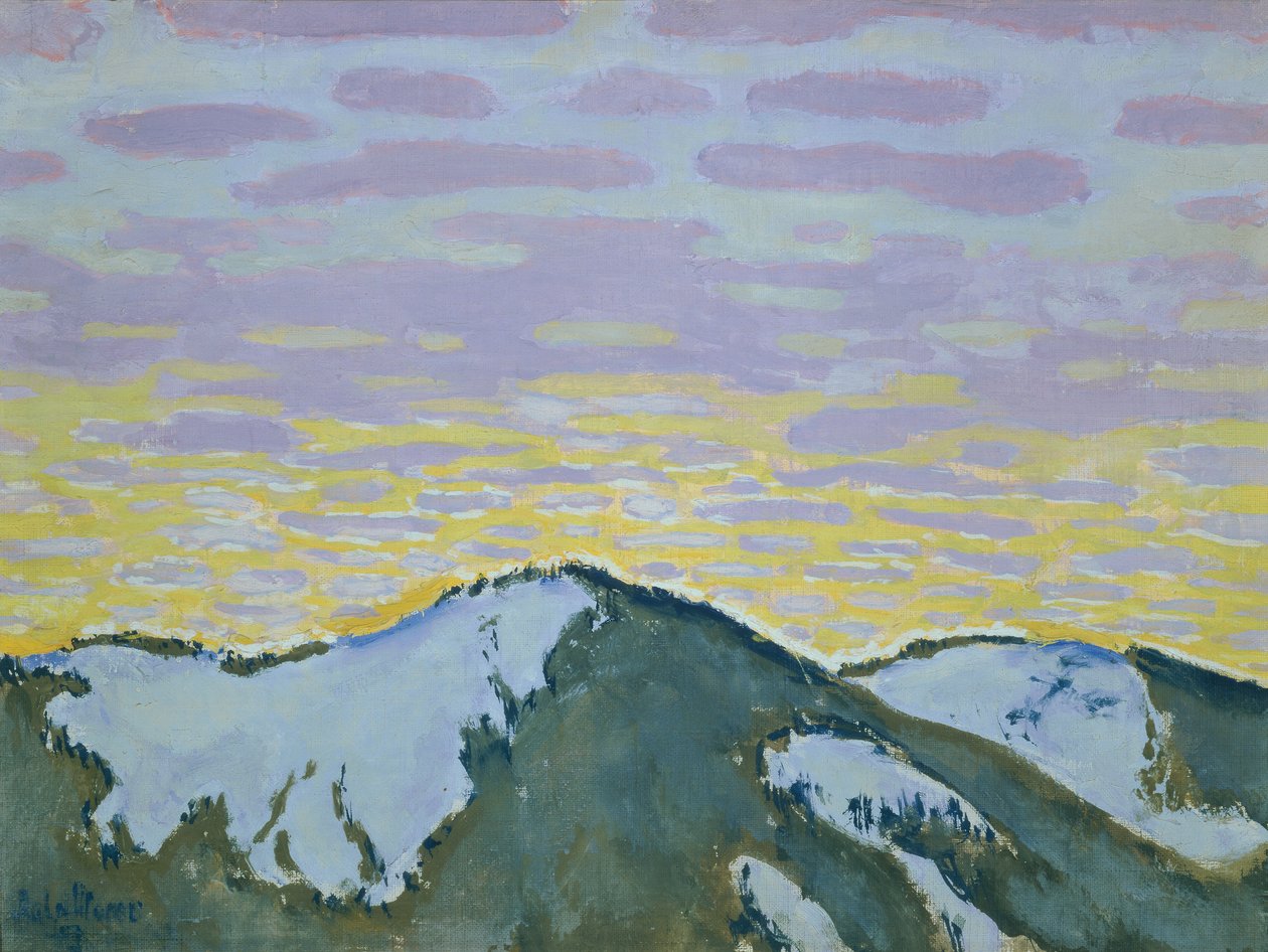 Lumiset vuorenhuiput hämärässä tekijältä Koloman Moser