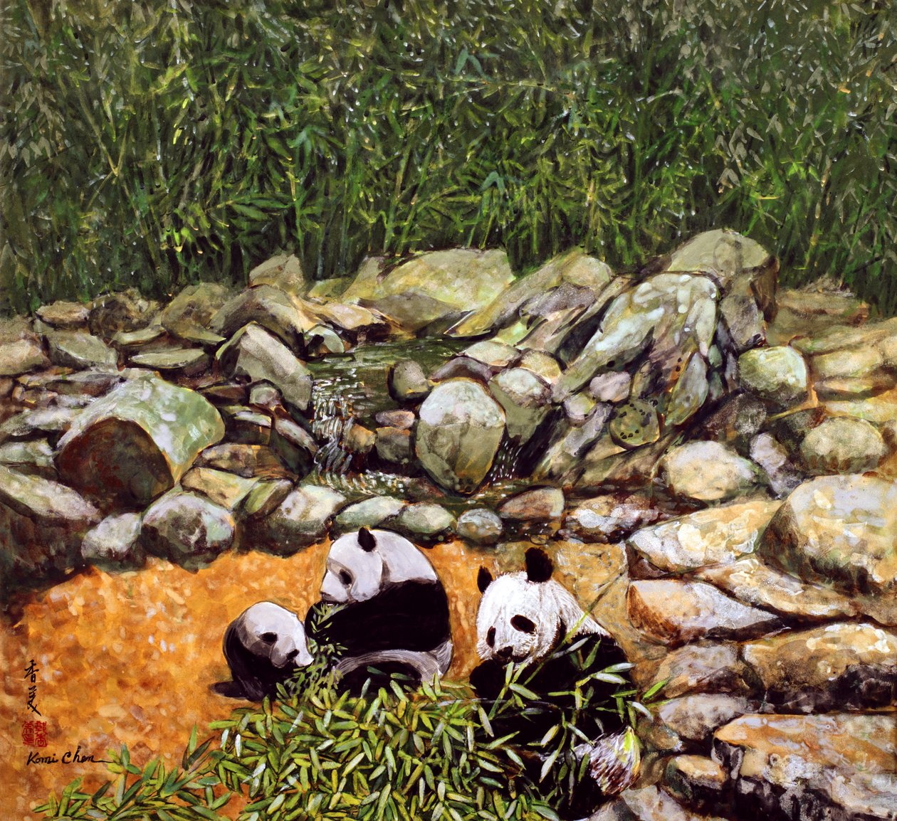 Happy Family (Pandas) 1993 (guassi silkillä) tekijältä Komi Chen