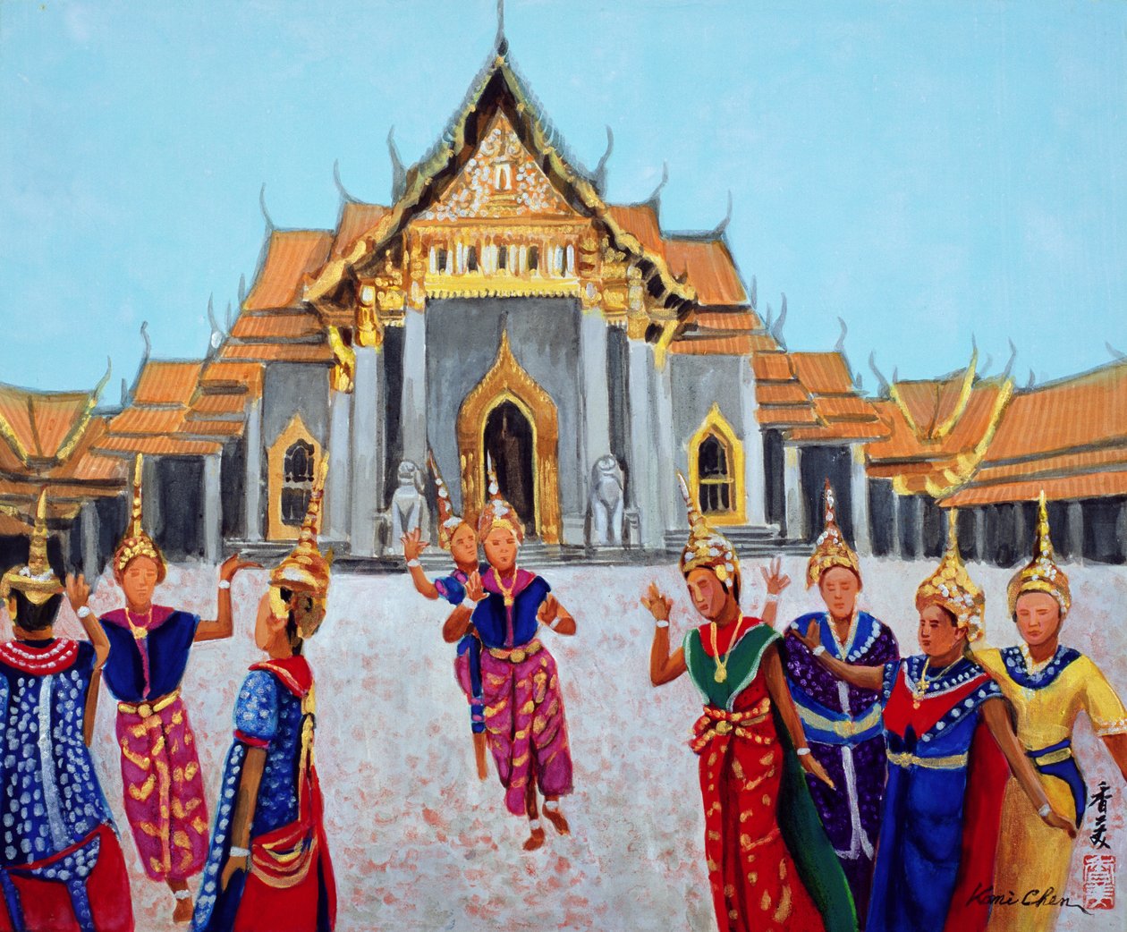 Perinteinen thai-tanssi, 1990 (guassi silkillä) tekijältä Komi Chen