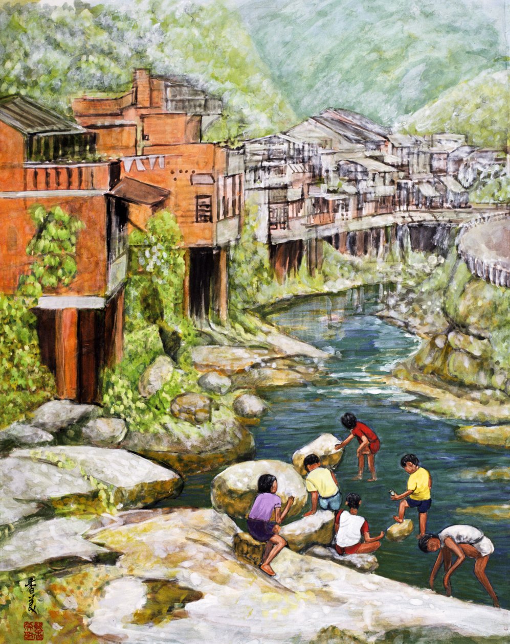 Village by the River, 1992 (guassi silkillä) tekijältä Komi Chen