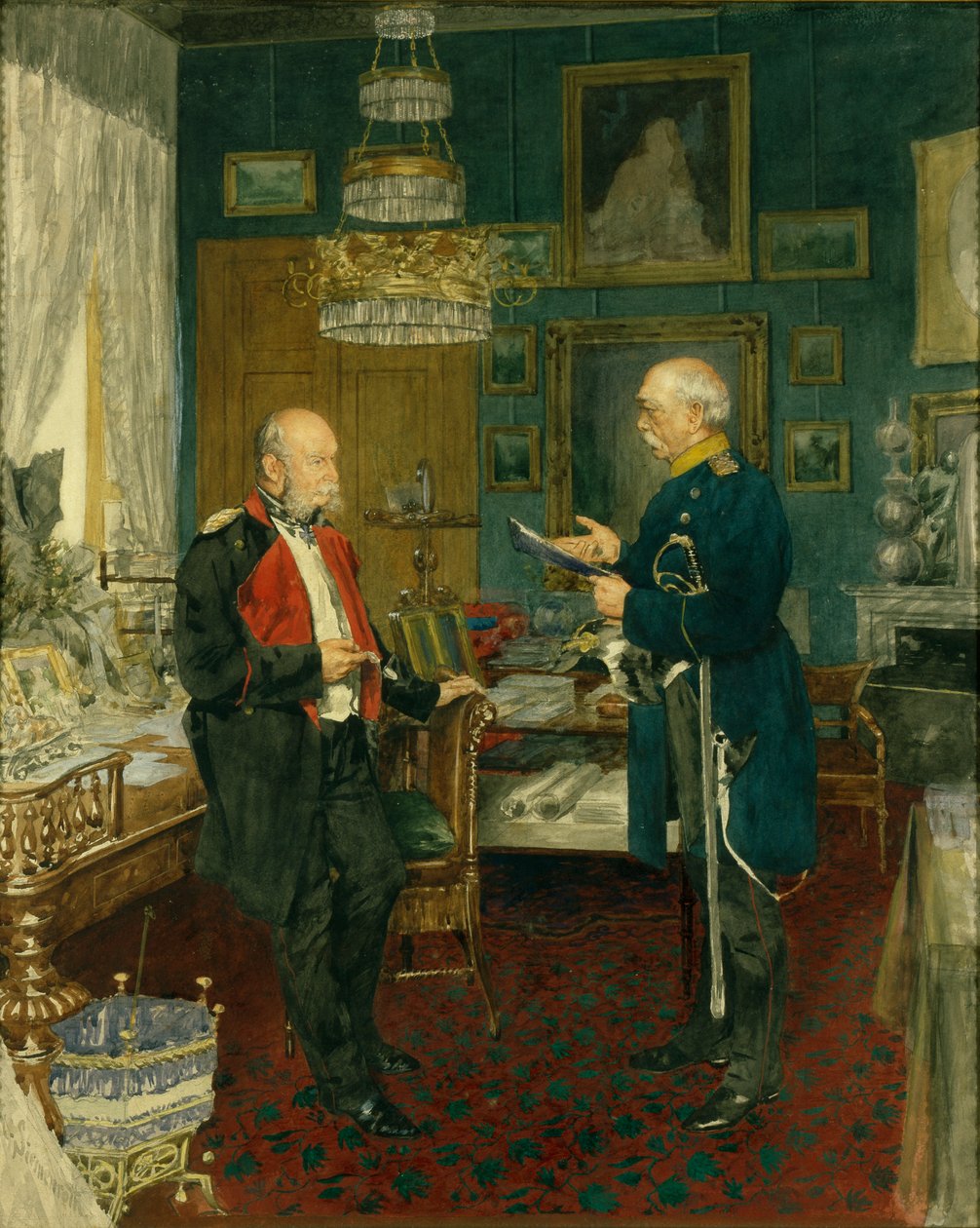 Bismarck keisari Wilhelm I:n kanssa huoneessa Unter den Lindenin palatsissa Berliinissä tekijältä Konrad Siemenroth