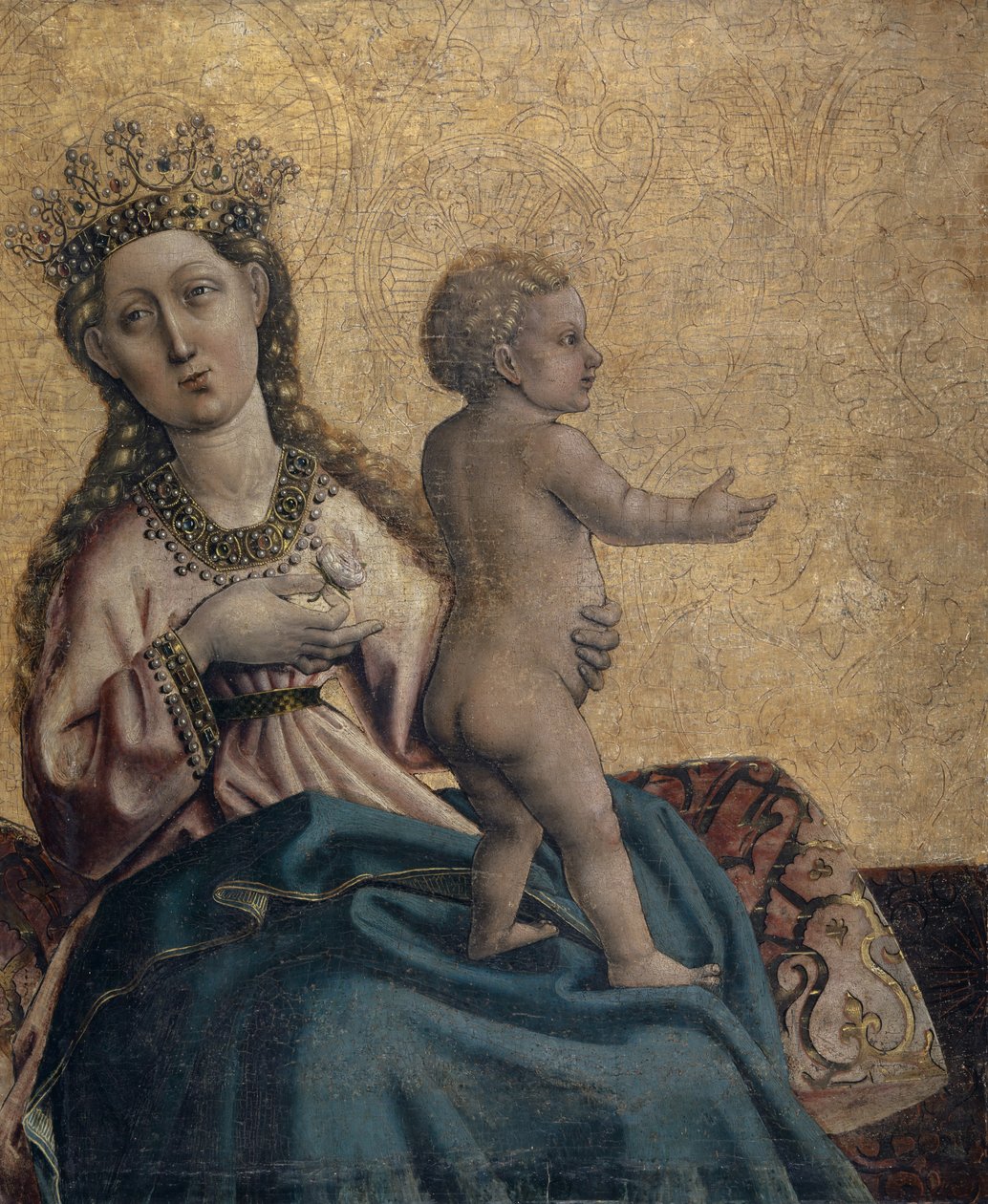 Neitsyt ja lapsi, Olsbergin alttarin katkelma, ns. Olsbergin Madonna, n. 1437-1440 (sekoitettu tekniikka puulla) tekijältä Konrad Witz