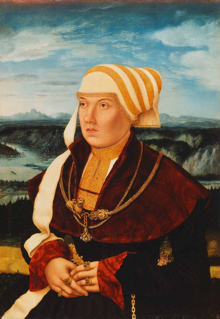 Muotokuva Dorothea von Stralenburgista, 26, kolme neljäsosaa, punamusta mekossa kultakoristeilla, ennen laajaa maisemaa, 1533 tekijältä Konrad Faber von Kreuznach