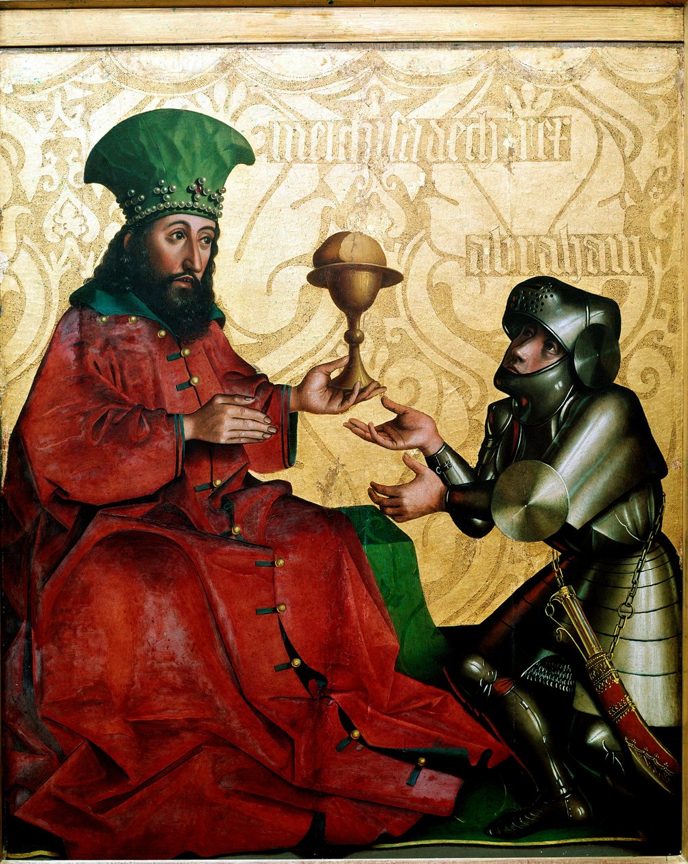 Abraham ja Melkisedek Salemin kuningas Melkisedek (Melkisedek tai Melkisedek tai Melkisedek tai Melkisedek) tarjoaa Aabrahamille, joka voitti taistelussa Chedorlaomeria (Kedor Laomer), leipää ja viiniä. Conrad Witzin maalaus ( tekijältä Konrad Witz