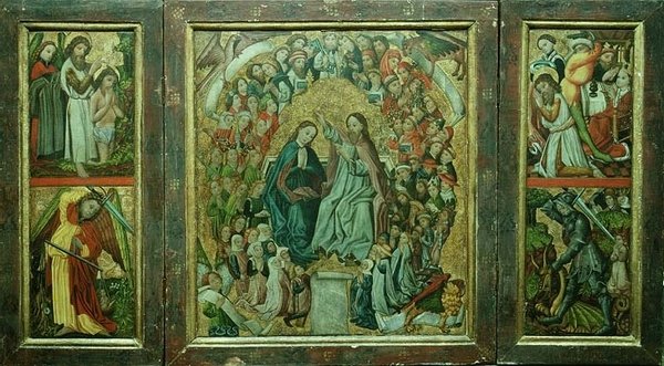 Neitsyen kruunaus; Kristuksen kaste; Pyhän Johannes Kastajan kuolema; St. George Slaying the Dragon (triptyykki) tekijältä Konrad von Friesach