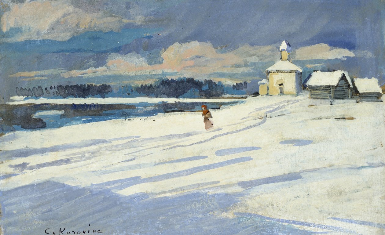 Talvimaisema ja pieni kirkko (öljy levylle, kiinnitetty piirustukseksi) tekijältä Konstantin Alekseevich Korovin