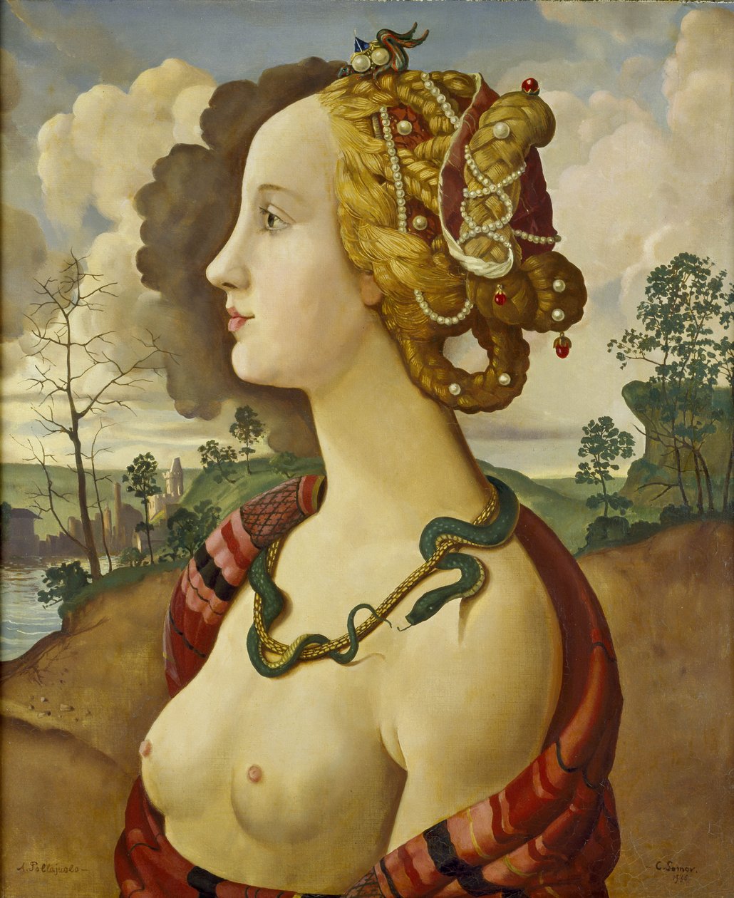 Kopio "Simonetta Vespuccin muotokuvasta", kirjoittanut Piero di Cosimo (n. 1462-1521) tekijältä Konstantin Andreevic Somov