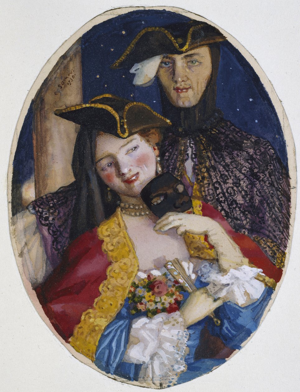 Venetsialaiseen karnevaaliin pukeutunut pariskunta, 1930 (vartaloväri grafiitin päällä kermapaperilla) tekijältä Konstantin Andreevic Somov