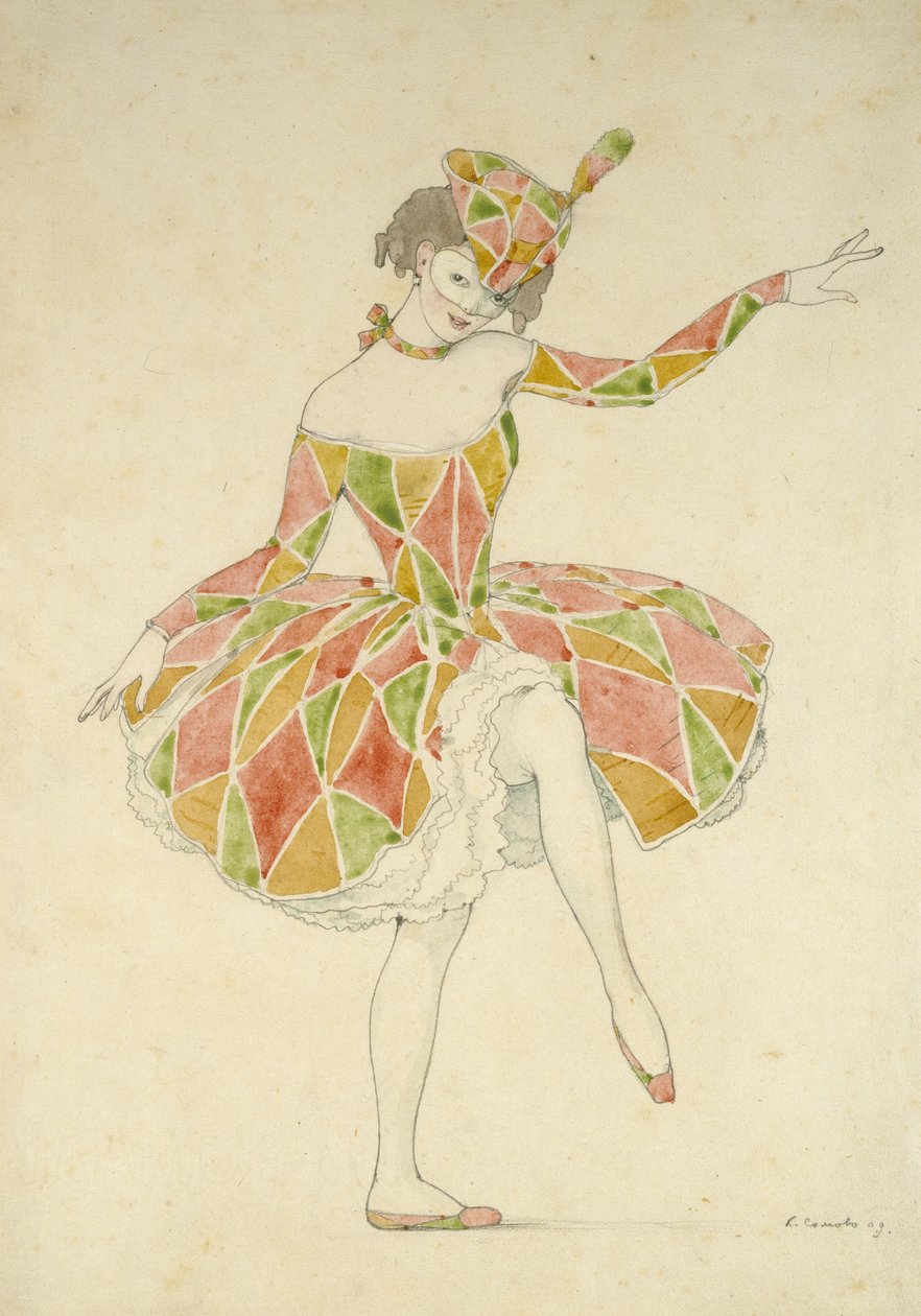 Suunnittelu Anna Pavlovan Columbinen asulle "Arlequinade", 1909 (grafiitti ja akvarelli luonnonvalkoiselle paperille) tekijältä Konstantin Andreevic Somov