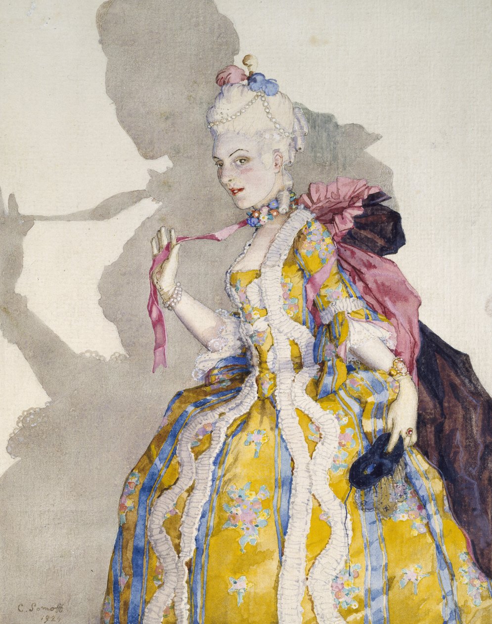 Suunnittelu markiisiasun pukuun balerina Tamara Karsavinalle, 1924 (akvarelli ja vartaloväriä rajatun reunuksen sisällä mustalla musteella valkoiselle kudospaperille) tekijältä Konstantin Andreevic Somov