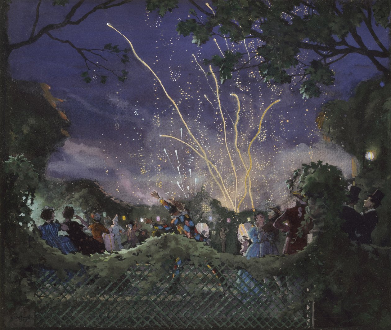 Ilotulitus, 1929 (Vartalonväri mustalle kudospaperille) tekijältä Konstantin Andreevic Somov