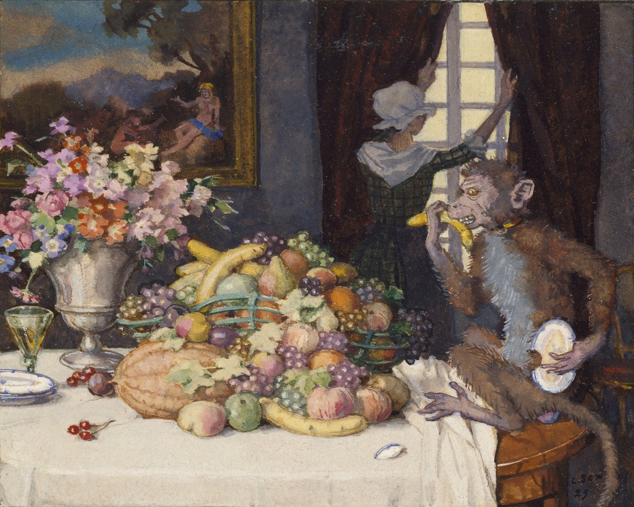 Greedy Monkey, 1929 (vartaloväri rajatun reunuksen sisällä mustalla musteella kermanvärisellä paperilla) tekijältä Konstantin Andreevic Somov
