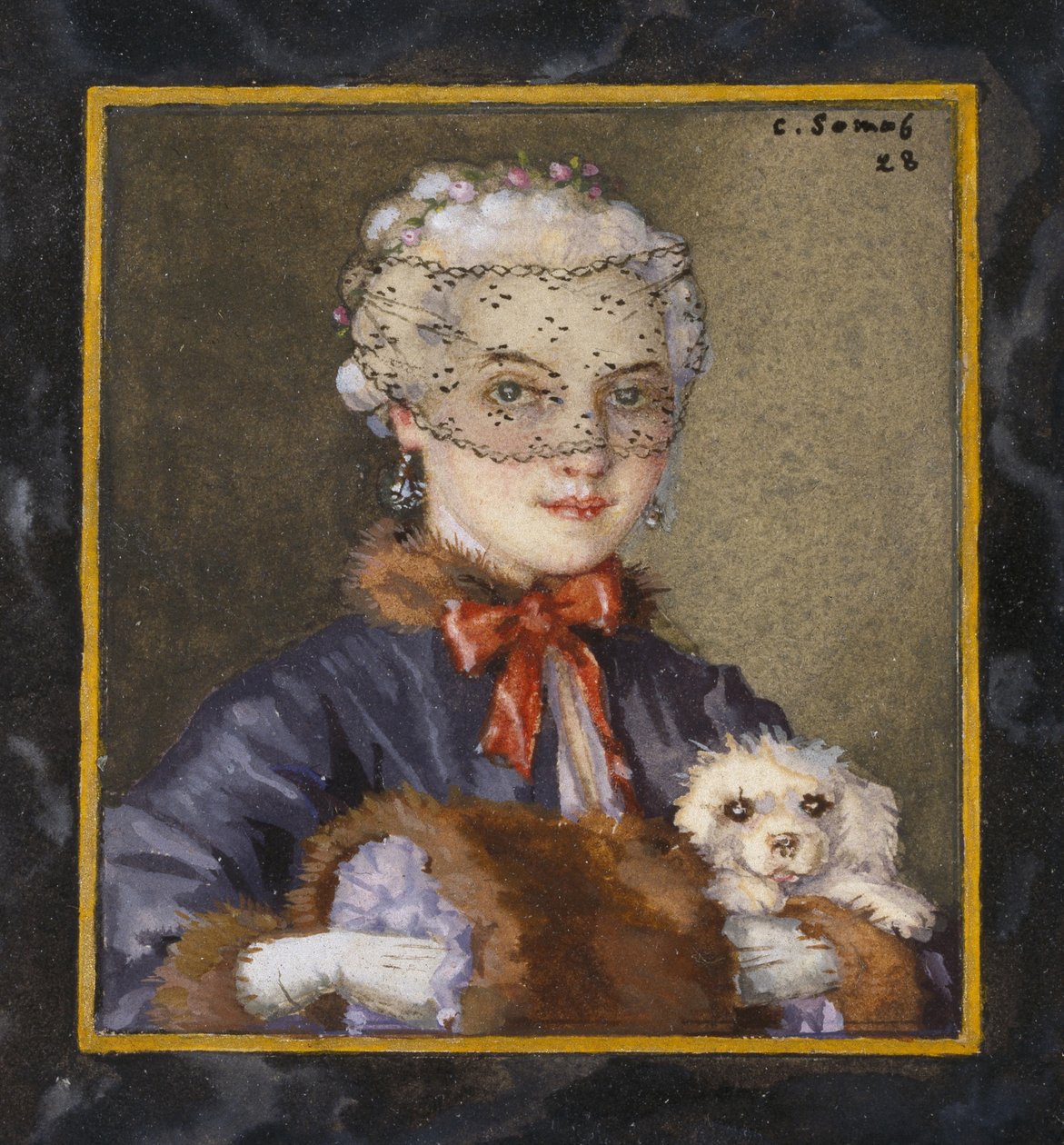 Nainen koiran kanssa, 1928 (vartalon väri mustalla musteella rajatun reunuksen sisällä, joka ympäröi kuvitteellista kehystä valkoisella paperilla) tekijältä Konstantin Andreevic Somov