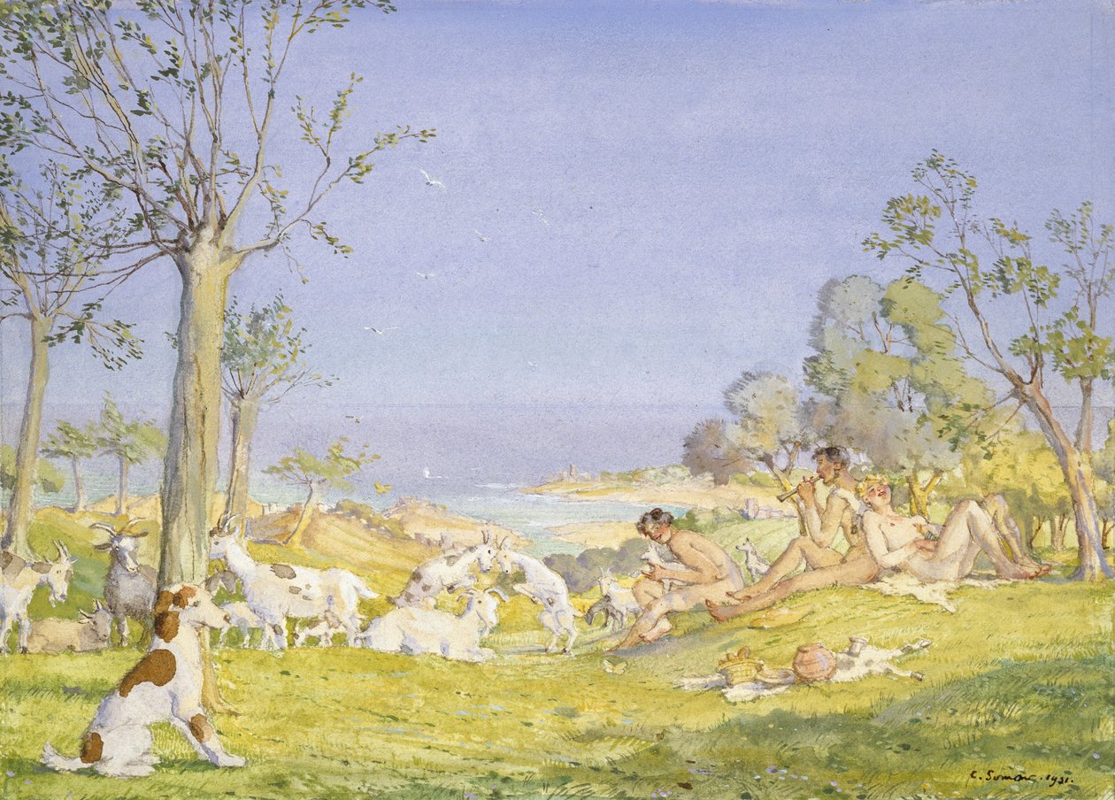 Maisema paimenten ja vuohien kanssa, 1931 (vartaloväri grafiitin päällä rajatun reunuksen sisällä grafiitilla valkoisella paperilla) tekijältä Konstantin Andreevic Somov
