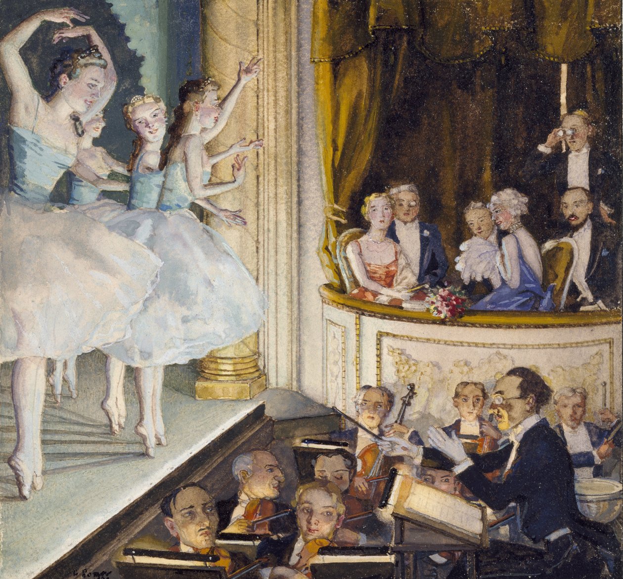Venäläinen baletti, 1930 (vartaloväri rajatun reunuksen sisällä mustalla musteella kermapaperilla) tekijältä Konstantin Andreevic Somov