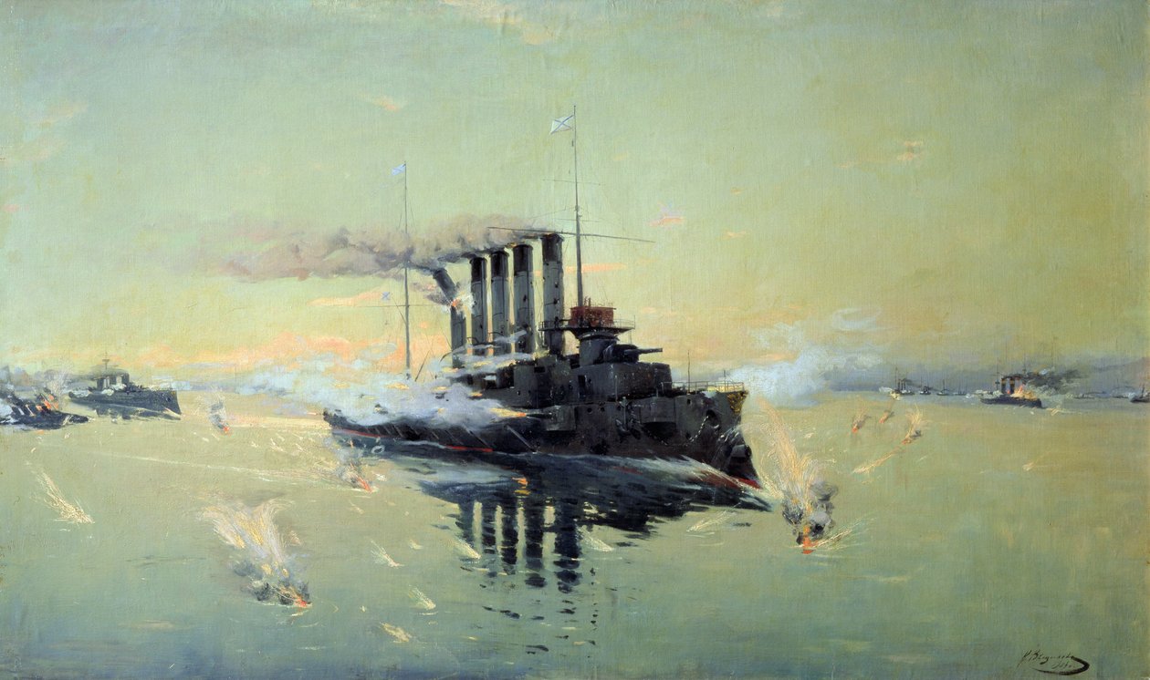 Risteilijä Askold taistelemassa 28. heinäkuuta 1904 Keltaisella merellä, 1906 tekijältä Konstantin Veshchilov