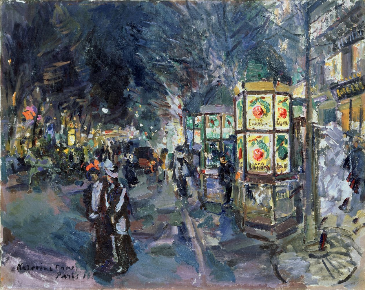 Parisian Boulevard yöllä (Parisan Boulevard yöllä). Pääkaupungin animaation kuvaus kävelijöiden, mainoskioskien (Morris-pylväät), puiden ja valaistuksen kanssa. Konstantin Aleksejevitš Korovinin (Konstantin Korovin) maalaus (1861-1939) tekijältä Konstantin Alekseevich Korovin