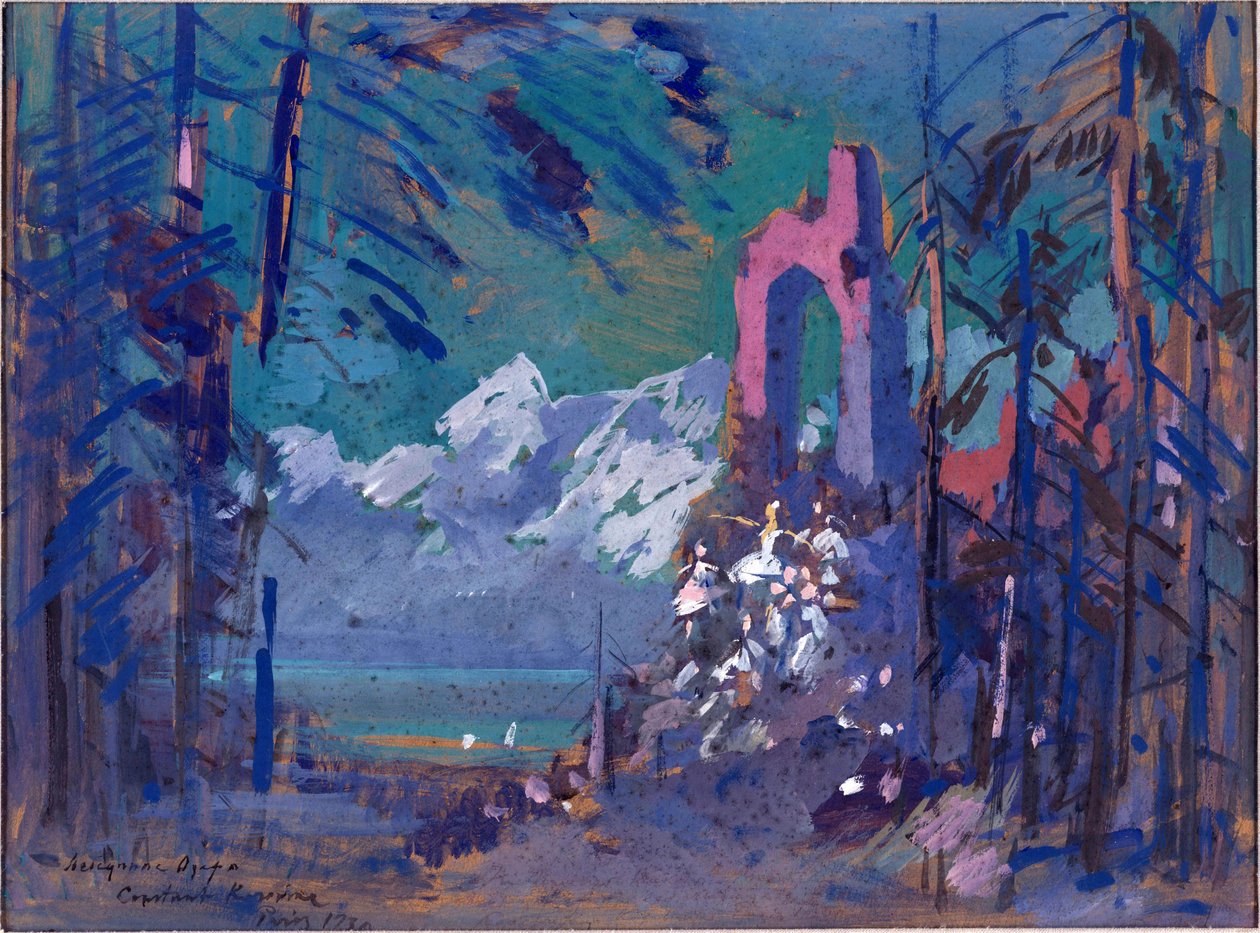 Valmisteleva sisustus Piotr Tšaikovskin (1840-1893) baletti ""Jutsenten järvi"" varten. Konstantin Aleksejevitš Korovin (Konstantin Korovin) (1861-1939) työ, akvarelli pahville tekijältä Konstantin Alekseevich Korovin