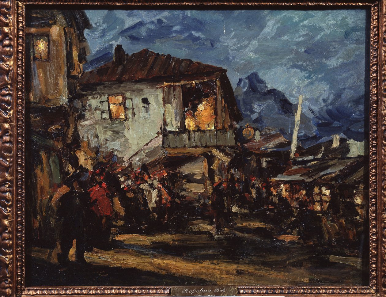 Gurzuf (Krim) (Gurzuf). Katukuva satamakylässä puutaloineen. Maalaus Konstantin Aleksejevitš Korovin (Konstantin Korovin) (1861-1939), öljy kankaalle tekijältä Konstantin Alekseevich Korovin