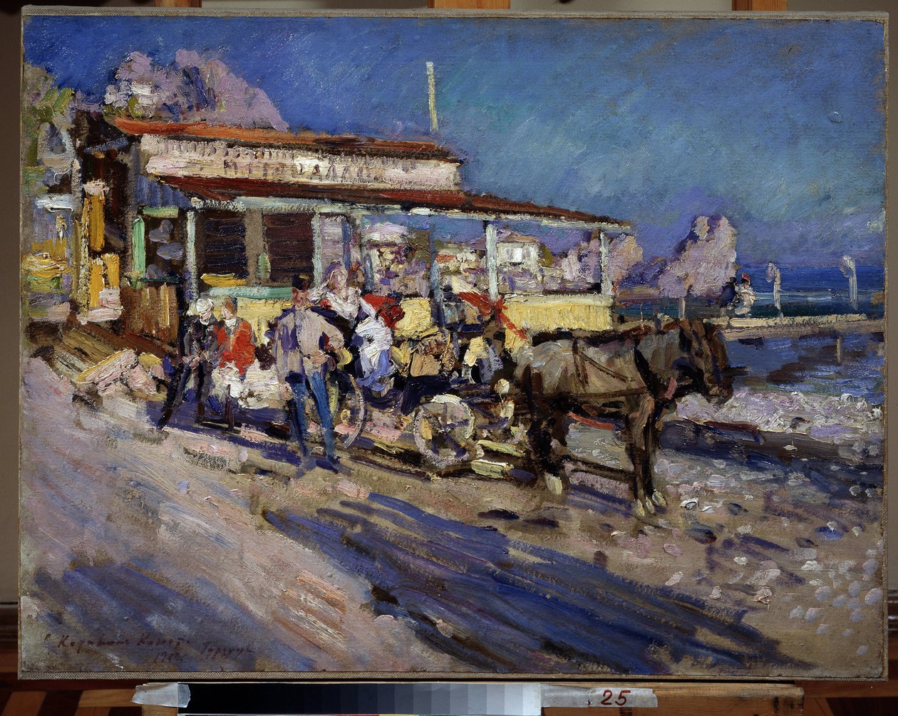 Gurzuf (Krim) (Gurzuf). Satamakylä pesii lahden ontelossa, josta näkyy karhun vuori. Maalaus Konstantin Aleksejevitš Korovin (Konstantin Korovin) (1861-1939), öljy kankaalle tekijältä Konstantin Alekseevich Korovin
