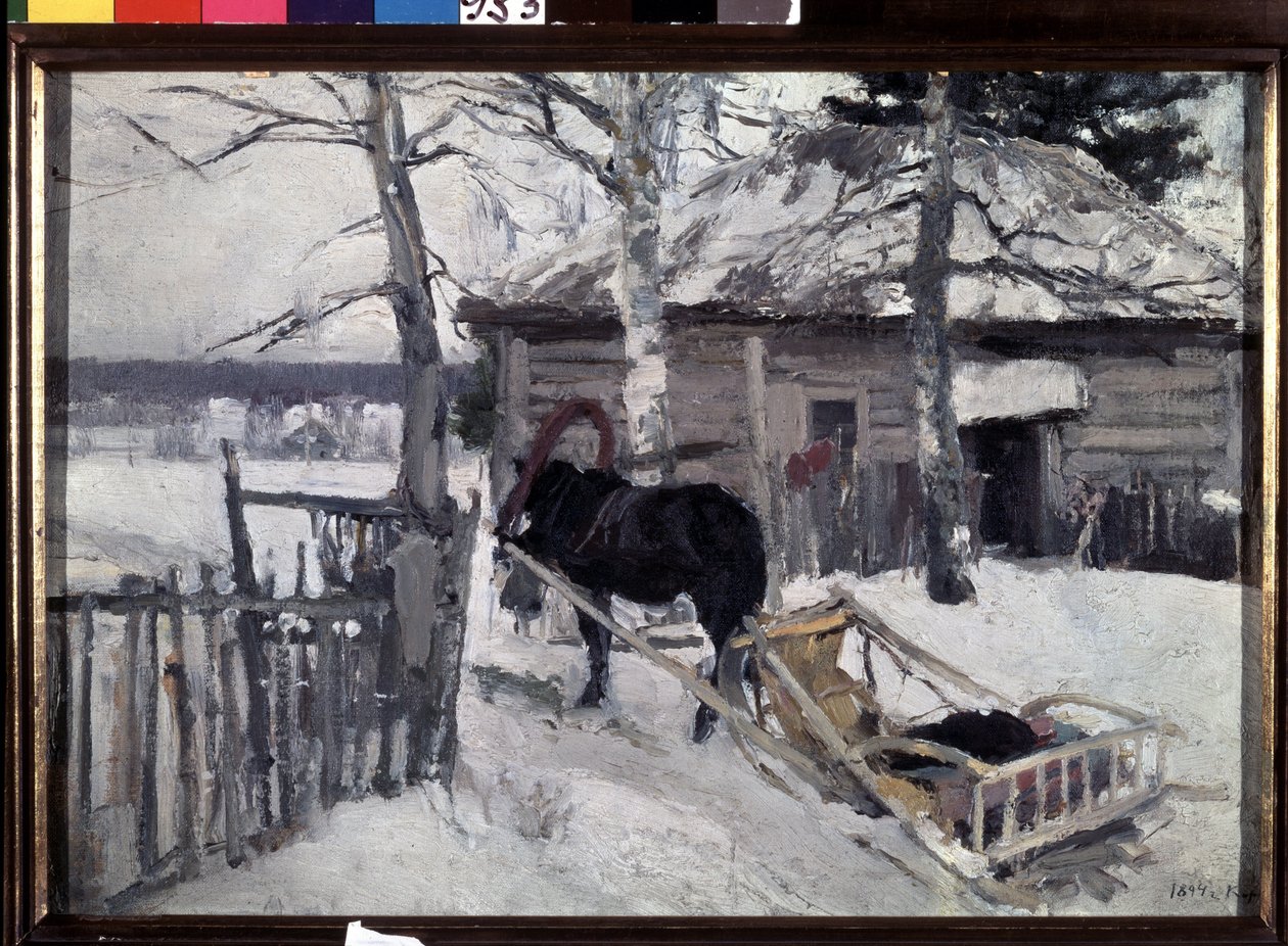 Talvi (Talvi). Hevoskärryt puutalon pihalla, maaseudulla, lumen alla. Maalaus Konstantin Aleksejevitš Korovin (Konstantin Korovin) (1861-1939), öljy kankaalle tekijältä Konstantin Alekseevich Korovin