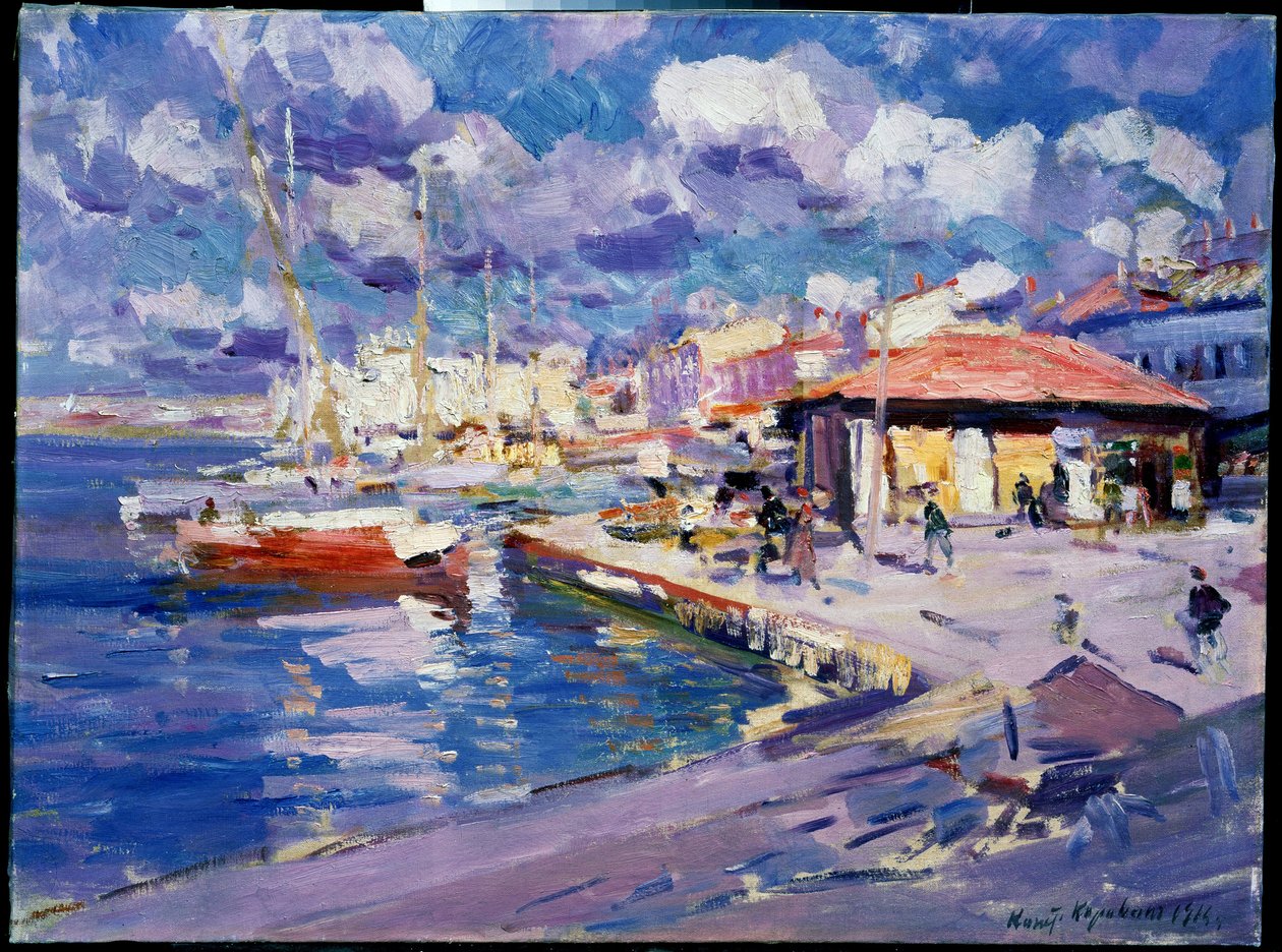 Fishing Bay Sevastopolissa (Ukraina) (Fishing Bay, Sevastopol). Näkymä laiturille, jossa veneet, kävelijät ja rakennukset ovat ankkuroituina auringon alla. Maalaus Konstantin Aleksejevitš Korovin (Konstantin Korovin) (1861-1939), öljy kankaalle tekijältä Konstantin Alekseevich Korovin