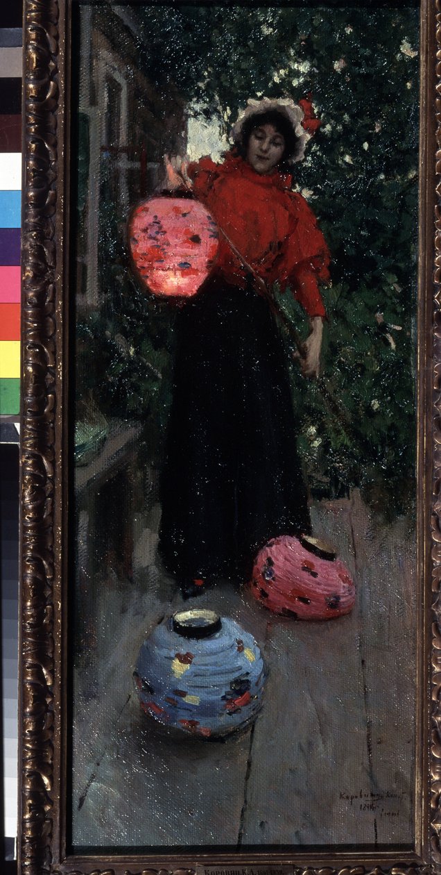 Kiinalaiset lyhdyt (kiinalaiset lyhdyt). Nainen sytyttää ja asentaa paperilyhdyt (lamput) verannalle illalla. Maalaus Konstantin Aleksejevitš Korovin (Konstantin Korovin) (1861-1939), öljy kankaalle tekijältä Konstantin Alekseevich Korovin