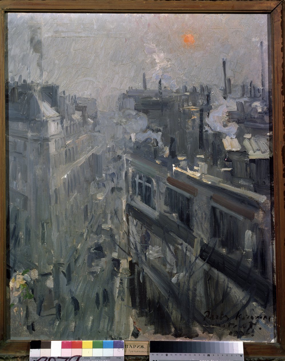 Paris (Ranska) (Pariisi). Näkymä Boulevard Montmartren julkisivuille, syksyinen aamu. Maalaus Konstantin Aleksejevitš Korovin (Konstantin Korovin) (1861-1939), öljy kankaalle tekijältä Konstantin Alekseevich Korovin