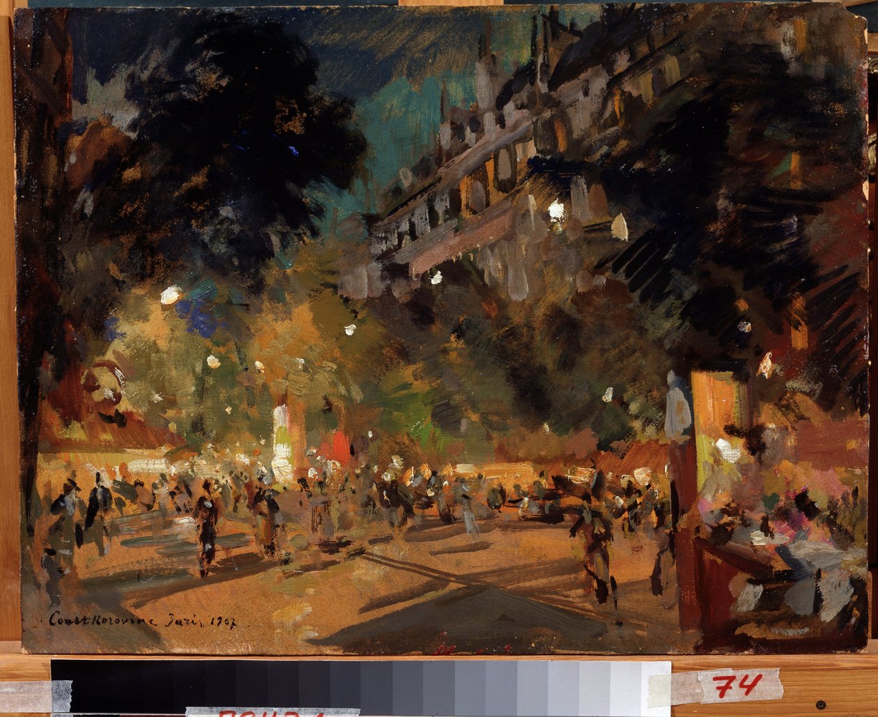 Pariisi, Ranska (Pariisi). Kuvaus Boulevard Montmartresta ja sen animaatiosta kesäiltana. Maalaus Konstantin Aleksejevitš Korovin (Konstantin Korovin) (1861-1939), öljy kankaalle tekijältä Konstantin Alekseevich Korovin
