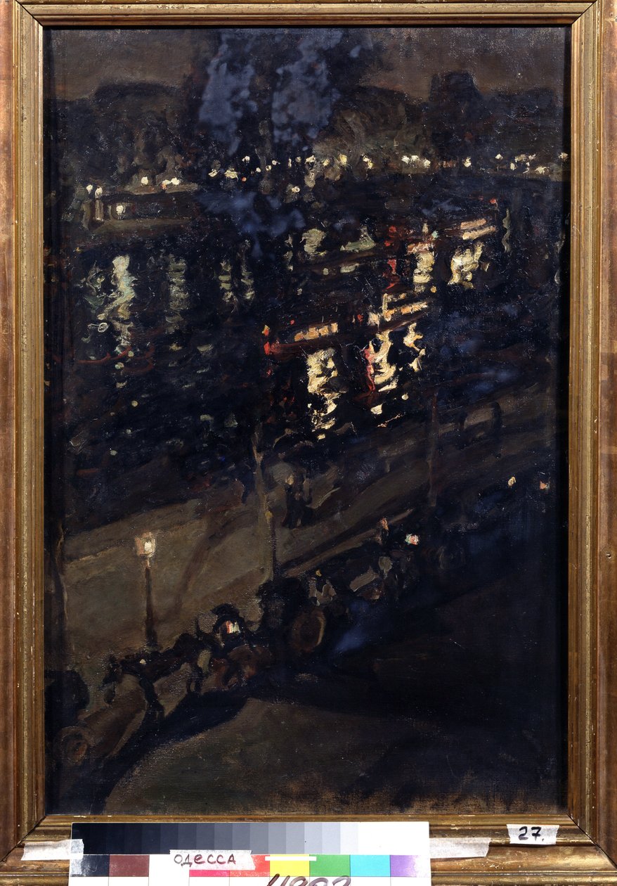 Pariisi yöllä (Paris at Night). Näkymä Seinen laiturille hevoskärryillä ja kaupungin valot heijastumassa veden pinnalle. Maalaus Konstantin Aleksejevitš Korovin (Konstantin Korovin) (1861-1939), öljy kankaalle, russ art tekijältä Konstantin Alekseevich Korovin