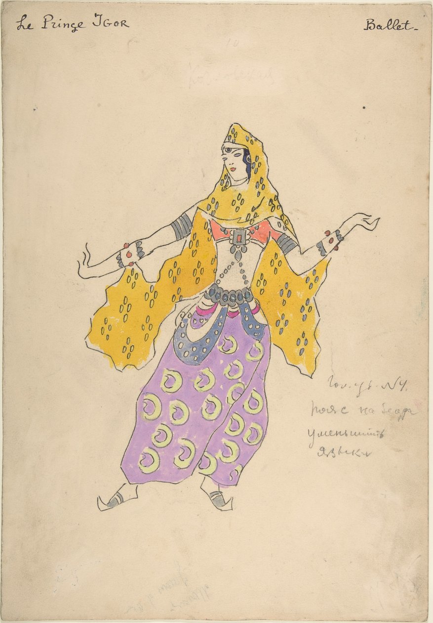 Polovtsialainen tyttö. Pukusuunnittelu A. Borodinin oopperaan Prinssi Igor, 1909 tekijältä Konstantin Alekseevich Korovin