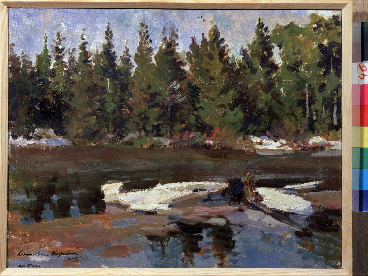Kevät (kevät). Maisema, joen rannat metsässä. Maalaus Konstantin Aleksejevitš Korovin (Konstantin Korovin) (1861-1939), öljy kankaalle tekijältä Konstantin Alekseevich Korovin