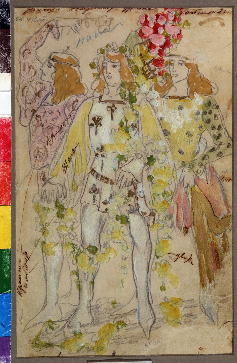 Pukusuunnittelu Alexandre (Aleksanteri) Glazunovin (Glazounov tai Glazunoff tai Glazunow) balettiin Raimonda (1865-1936) (A. Glazunovin Raimonda-baletin pukusuunnittelu). Miesten puvut. Taideteos: Konstantin Aleksejevitš Korovin (Constantin K tekijältä Konstantin Alekseevich Korovin