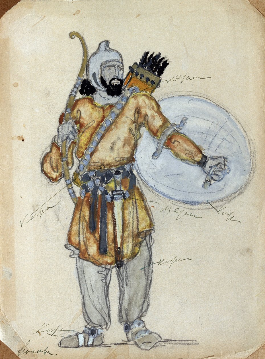 Pukusuunnittelu Aleksanteri Borodinin (1833-1887) oopperaan Prinssi Igor (A. Borodinin Prinssi Igor -oopperan pukusuunnittelu). Konstantin Aleksejevitš Korovin (Konstantin Korovin) (1861-1939) työ, akvarelli ja guassi paperille tekijältä Konstantin Alekseevich Korovin