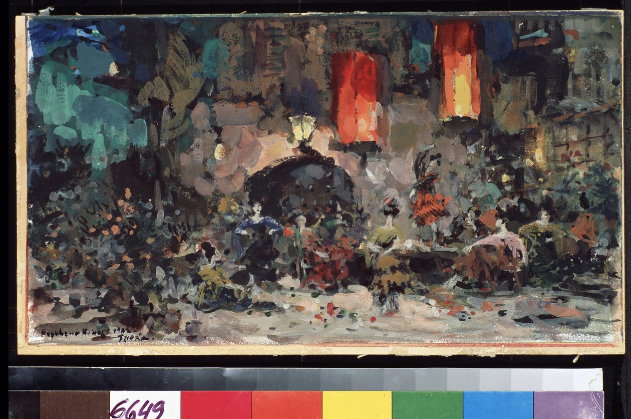 Lavastus Leon (tai Ludwig) Minkusin (1826-1917) baletille Don Quijote (L. Minkusin Don Quijote -baletin lavasuunnittelu). Konstantin Aleksejevitš Korovin (Konstantin Korovin) (1861-1939) työ, akvarelli ja guassi pahville tekijältä Konstantin Alekseevich Korovin