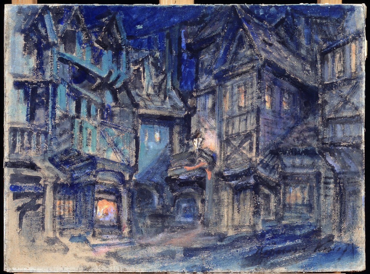 Lavastus Anton Simonin (1851-1916) baletille Esmeralda (A.Simonin Esmaralda-baletin lavastus). Konstantin Aleksejevitš Korovin (Konstantin Korovin) (1861-1939) työ, tempera pahville tekijältä Konstantin Alekseevich Korovin
