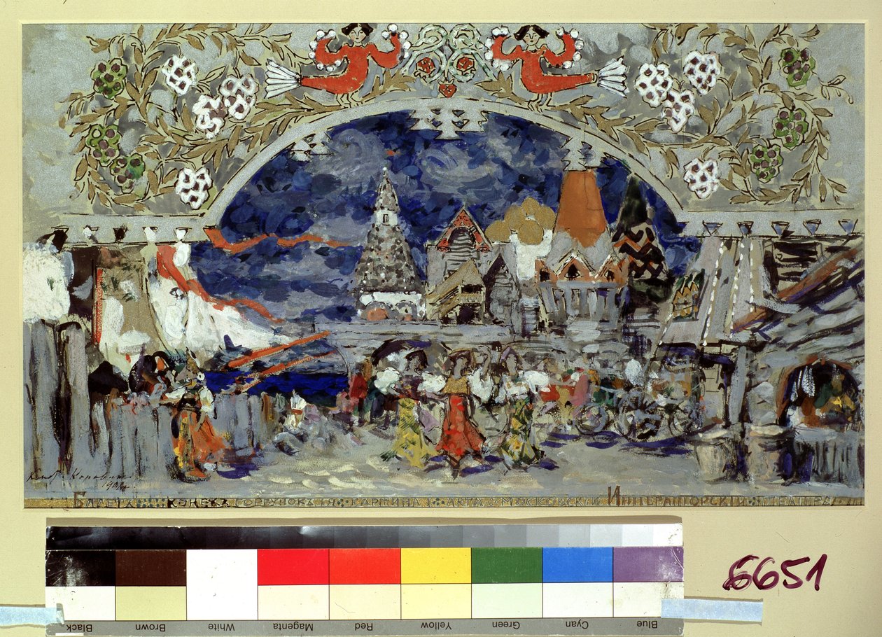 Lavastus Cesare Pugnin baletin Pieni ryhäselkähevonen (Lavastus C. Pugnin baletin Pieni ryhäselkähevonen). Konstantin Aleksejevitš Korovinin (Konstantin Korovin) (1861-1939) työ, guassi, kulta ja hopea pahville tekijältä Konstantin Alekseevich Korovin