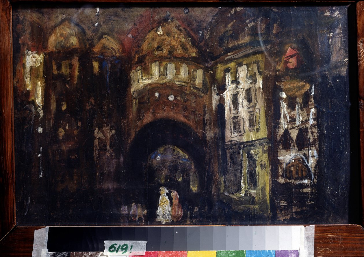 Lavastus Charles Gounodin oopperaan Faust (C. Gounodin ooppera Faust). Konstantin Aleksejevitš Korovin (Konstantin Korovin) (1861-1939) työ, guassi pahville tekijältä Konstantin Alekseevich Korovin
