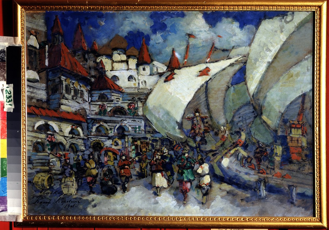 Nikolai (Nikolai) Rimski Korsakov (Rimski-Korsakov) (1844-1908) Ooppera Sadkon lavastussuunnittelu (N. Rimski Korsakovin (Rimski-Korsakov) Ooppera Sadkon lavastus. Kuvaus kaupungista ja sille rakennetuista puurakennuksista animoitu laituri tai tekijältä Konstantin Alekseevich Korovin
