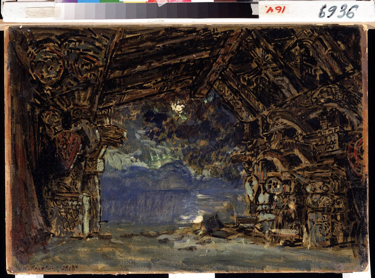Lavastus Richard Wagnerin oopperaan Twilight of the Gods. (Lavastus R. Wagnerin oopperalle The Twilight of the Gods). Konstantin Aleksejevitš Korovin (Konstantin Korovin) (1861-1939) työ, tempera pahville tekijältä Konstantin Alekseevich Korovin