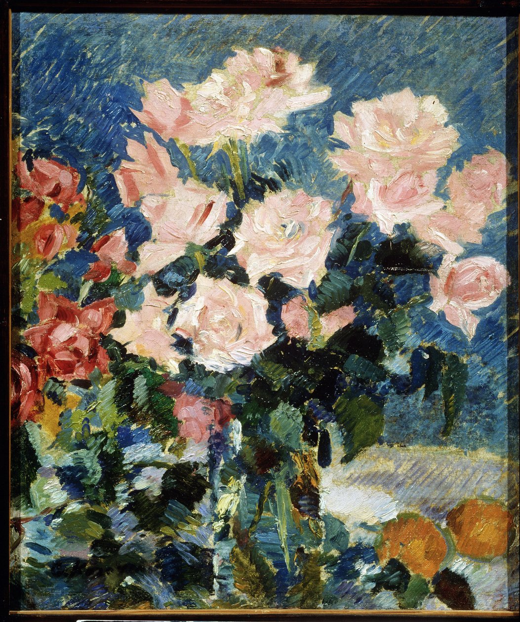 Ruusut (Ruusut). Maalaus Konstantin Aleksejevitš Korovin (Konstantin Korovin) (1861-1939), öljy kankaalle, noin 1930. Asetelma, 1900-luvun venäläinen taide, postimpressionismi. State Art useum, Jaroslavl (Venäjä). tekijältä Konstantin Alekseevich Korovin