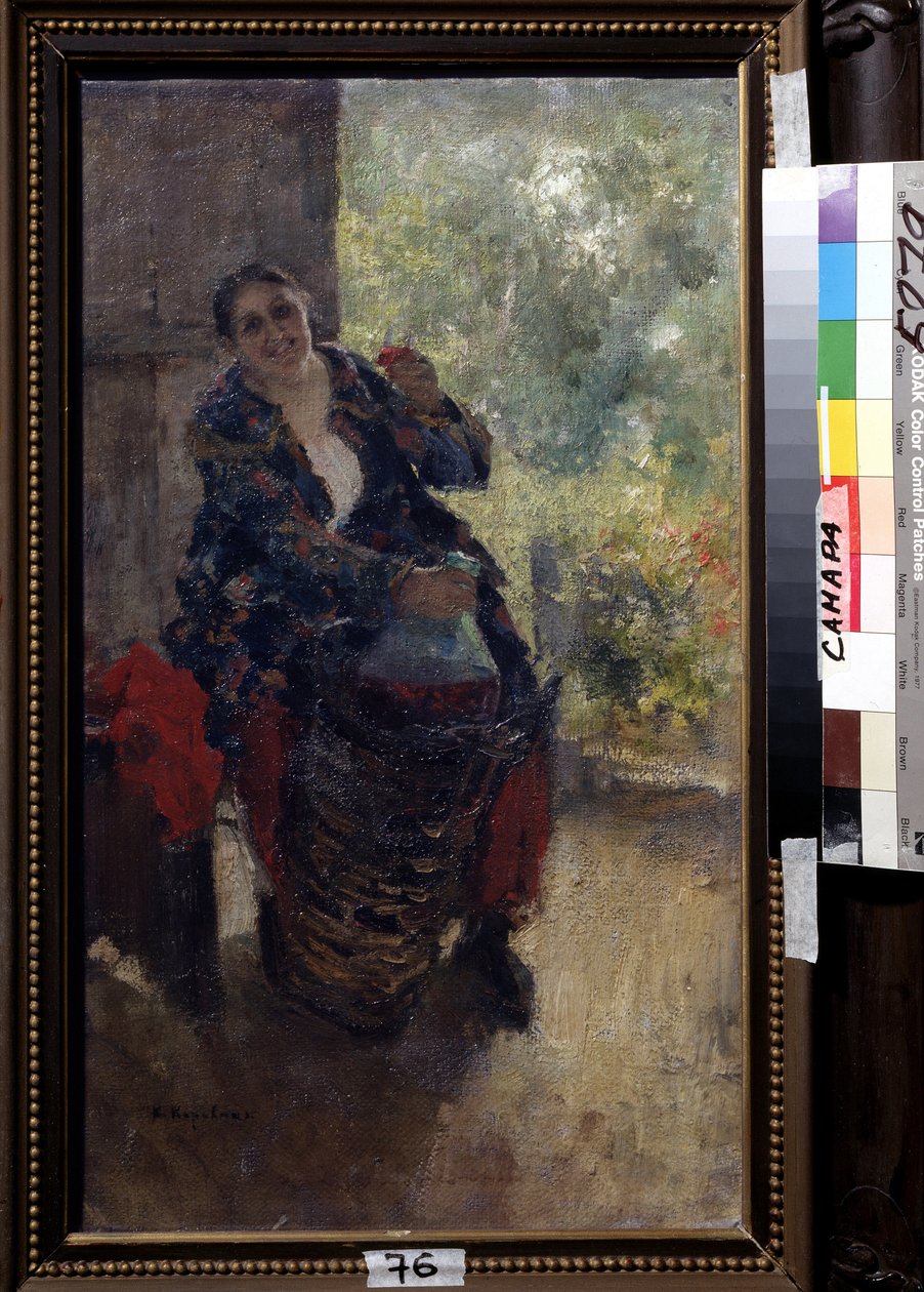 Vuokraemäntä tai nainen viinilasillisen kanssa (A Landlady, Woman with a Glass of Wine). Vahva istuva nainen nostaa lasinsa paahtoleipää varten ja pitää kädessään valtavaa viinipulloa. Maalaus Konstantin Aleksejevitš Korovin (Konstantin Korovin) (1861-1939 tekijältä Konstantin Alekseevich Korovin