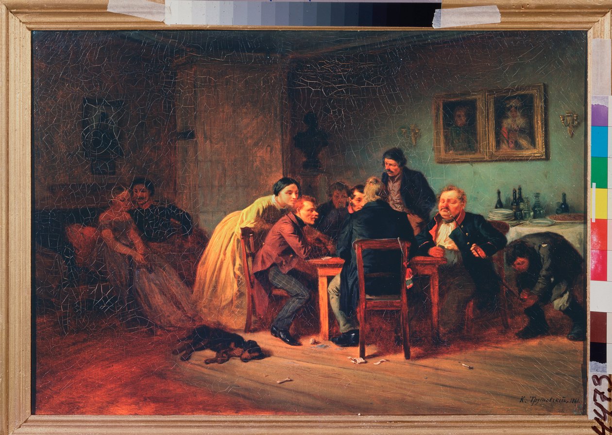 Korttipeli - Myöhäinen ilta porvarillisessa sisustuksessa - Konstantin Aleksandrovich Trutovski (Troutovsky) (1826-1893) maalaus, öljy kankaalle tekijältä Konstantin Alexandrovich Trutovsky