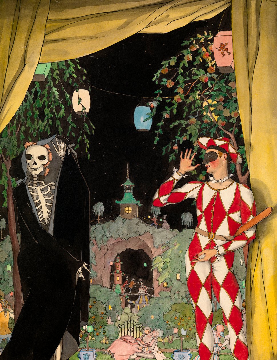 Harlekiini ja kuolema (Harlequin and Death) - Konstantin Andrejevitš Somovin (1869-1939) työ, akvarelli, guassi ja tussi paperille (28,5x22,5 cm) tekijältä Konstantin Andreevic Somov
