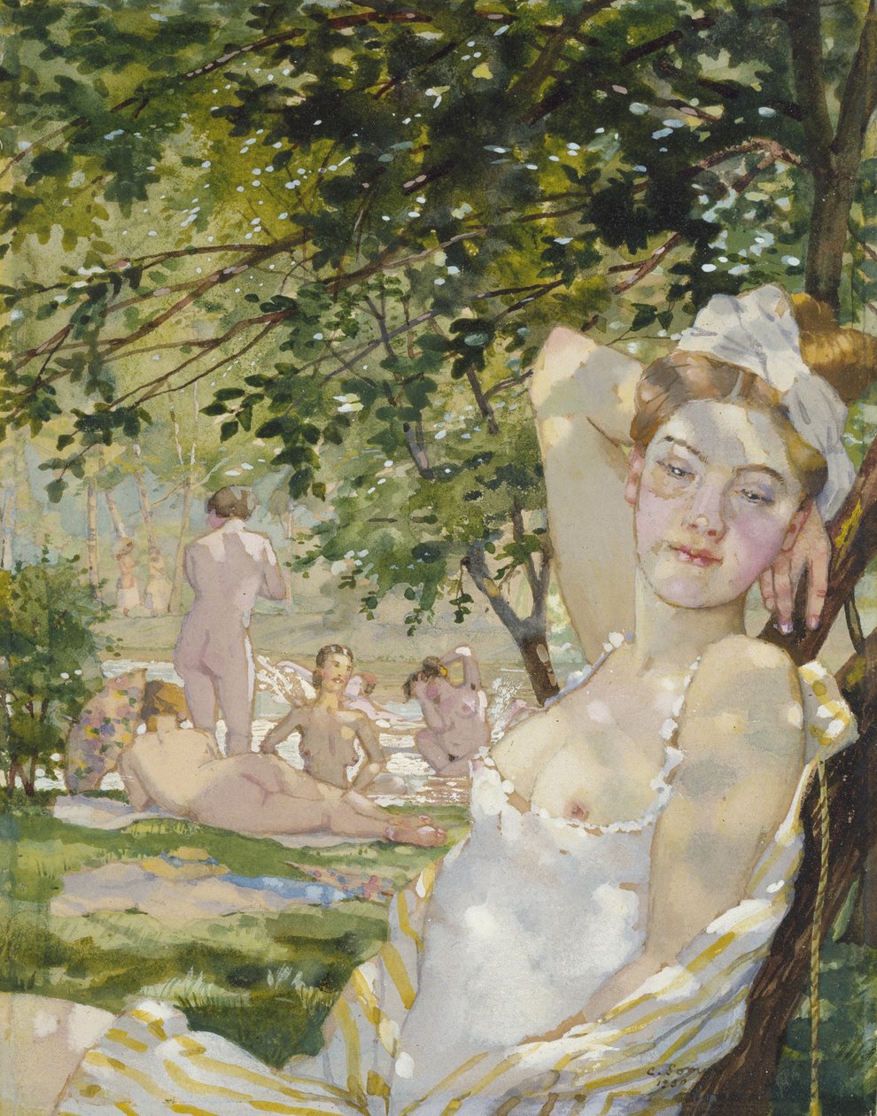 Kylpejä auringossa, 1930 (akvarelli ja vartaloväri paperille) tekijältä Konstantin Andreevic Somov